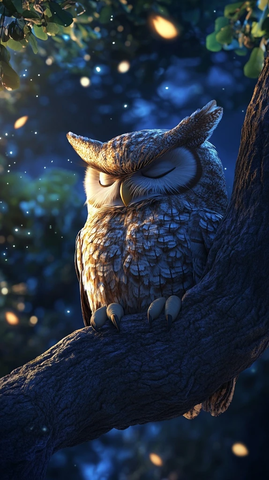 树枝上的闭眼老智者猫头鹰