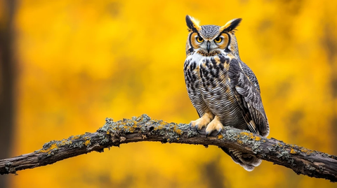 大角猫头鹰栖息秋枝