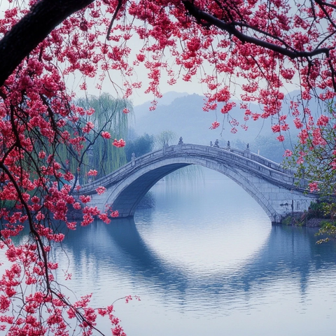 水上石桥与盛开红花的春日美景