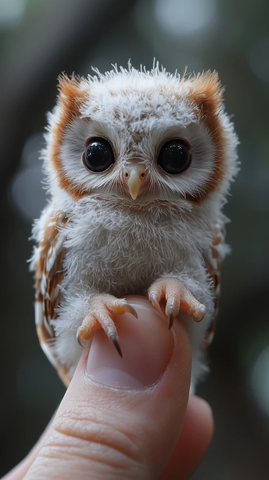 小猫头鹰坐在手指上玩耍