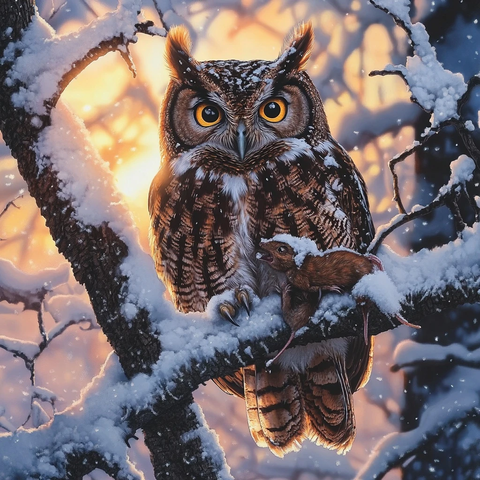 雪中褐色猫头鹰抓死鼠