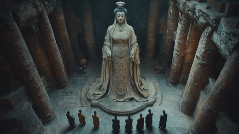 众人于神秘洞穴中仰望巨型雕像