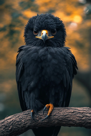 黑鹰幼鸟栖息树枝凝视镜头