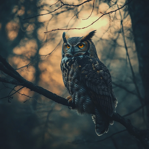 林中树枝上的大角猫头鹰