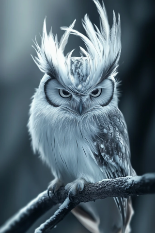 白色羽冠雌性猫头鹰凝视