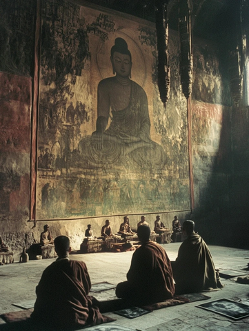 僧人们在佛像壁画前打坐修行的场景