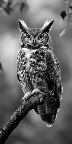 大角猫头鹰栖息树枝