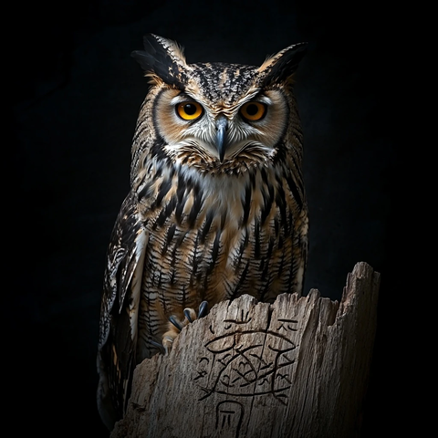 鹰鸮立于刻符树桩