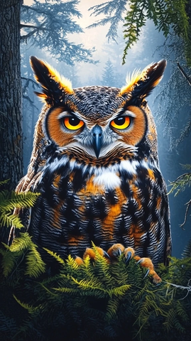 大角猫头鹰凝视羽毛细节