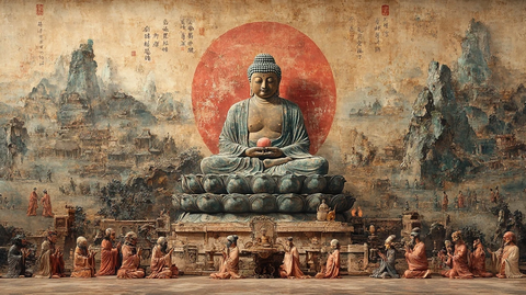 佛像前众多僧人虔诚参拜的壮观场景