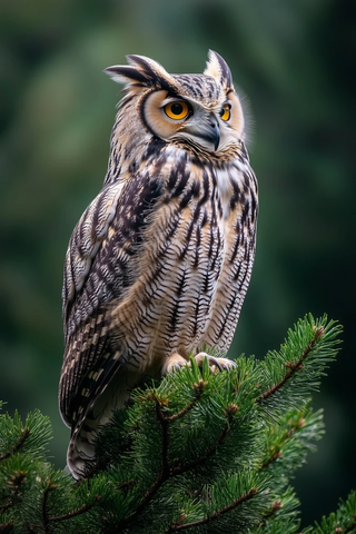 猫头鹰栖息松树枝