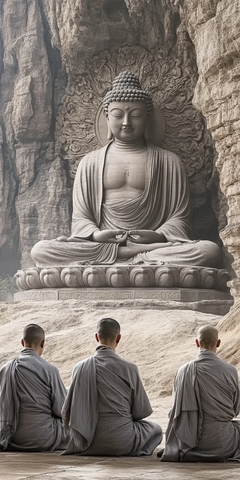 僧人在大佛前打坐冥想的场景