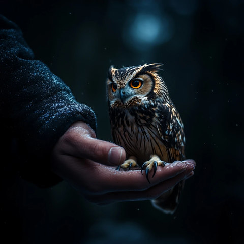 夜色中男子手握猫头鹰