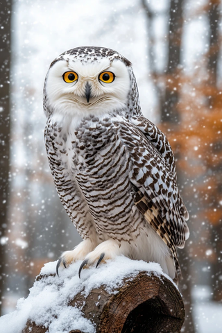 雪鸮栖息雪枝凝视