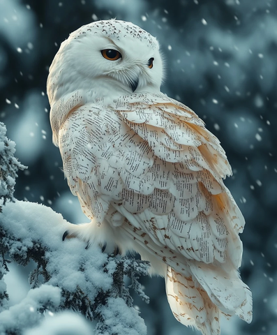白雪森林中的书页纹样猫头鹰
