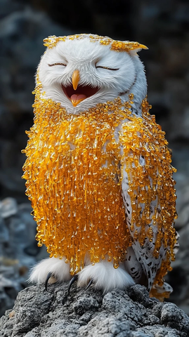 雪鸮沾满蜂蜜岩石栖息