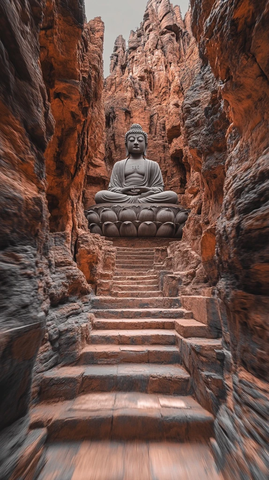 山间石阶上的佛像雕塑近景