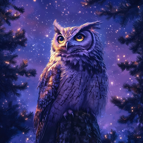 星空下松树上的智慧猫头鹰