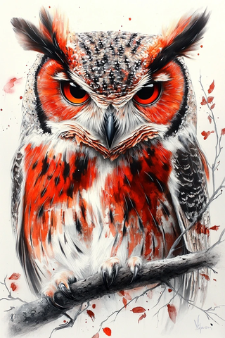 红脸猫头鹰彩色素描