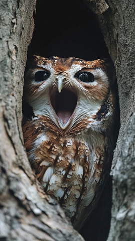 树中猫头鹰张嘴啼叫