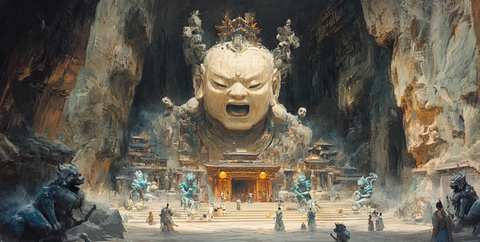 神秘山洞内巨型雕像前的人群