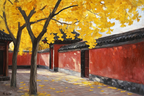 红墙旁银杏树下的静谧小道