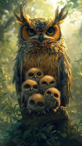 金黑羽巨鸮护雏林间