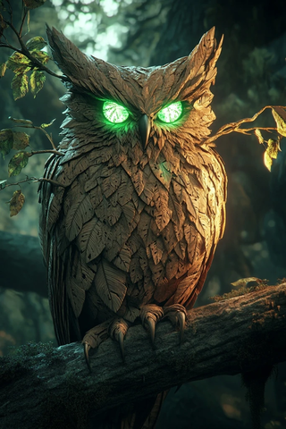 古木雕鸮绿眸辉映枝头