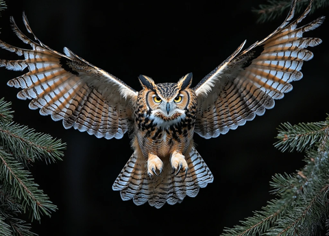 夜间飞行猫头鹰展翅