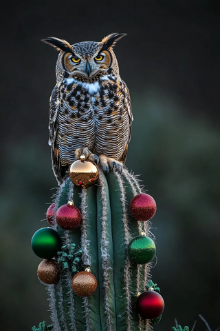 猫头鹰栖息圣诞装饰仙人掌