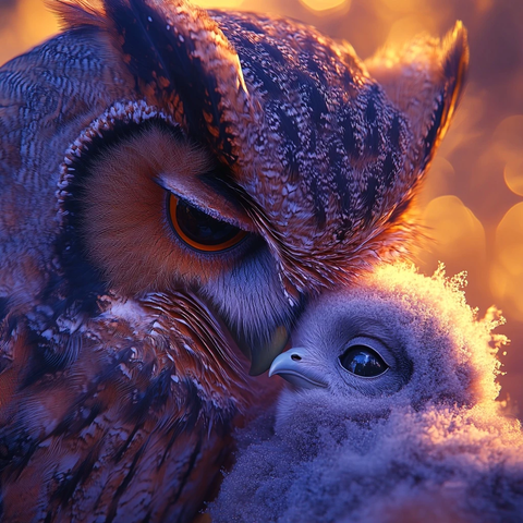 母子猫头鹰亲密羽毛细节