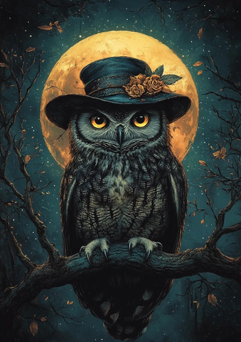 猫头鹰戴帽月下树枝