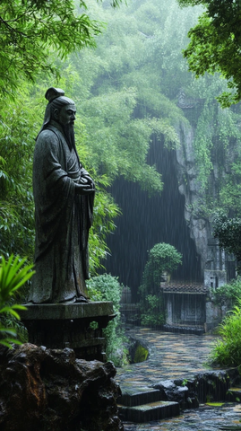 雨中竹林里的古代人物雕像