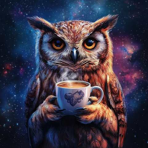 星空夜猫头鹰手捧卡布奇诺