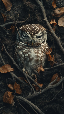小猫头鹰倒卧地上周围散落树枝