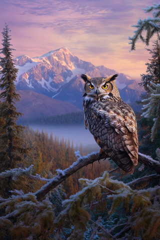 雪夜林中夜行猛禽栖息