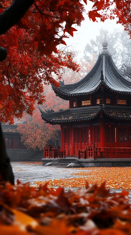 红叶古亭营造秋日浪漫氛围