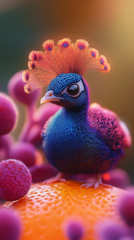 紫红羽毛小孔雀立于橙子上