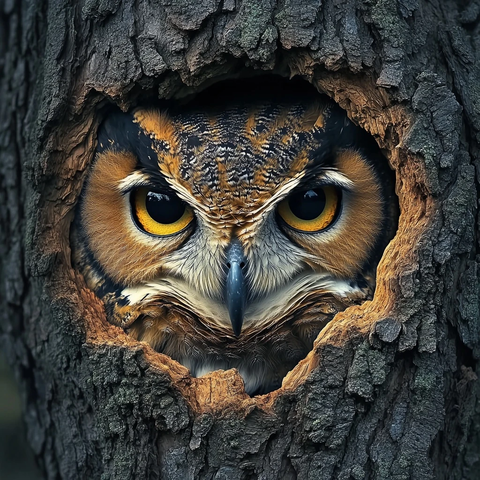 橡树树干猫头鹰脸部雕像