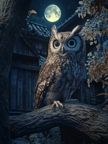 猫头鹰立于日式屋檐月光映照