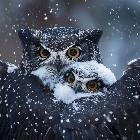 雪中黑白色猫头鹰护小猫头鹰
