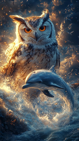 夜空飞翔的猫头鹰与跃浪海豚