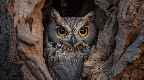 猫头鹰隐藏树皮中金眼夜视