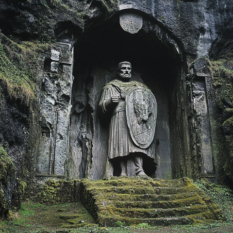 石洞中手持盾牌的古代人物雕像