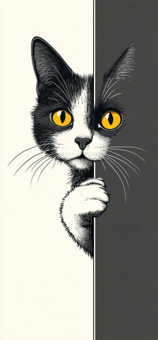 黑白猫躲藏插画边缘