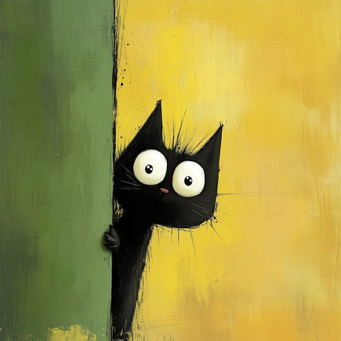 黑猫绿墙卡通插画