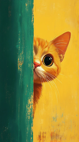 橙猫绿墙卡通插画