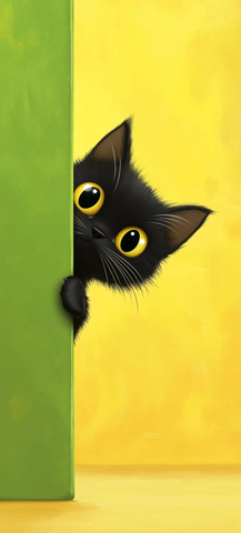 黑猫绿墙卡通插画