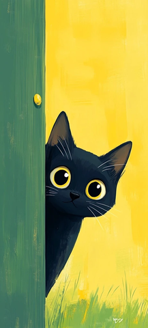 黑猫绿墙卡通插画