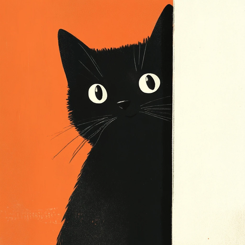 墙上探头黑猫卡通插画